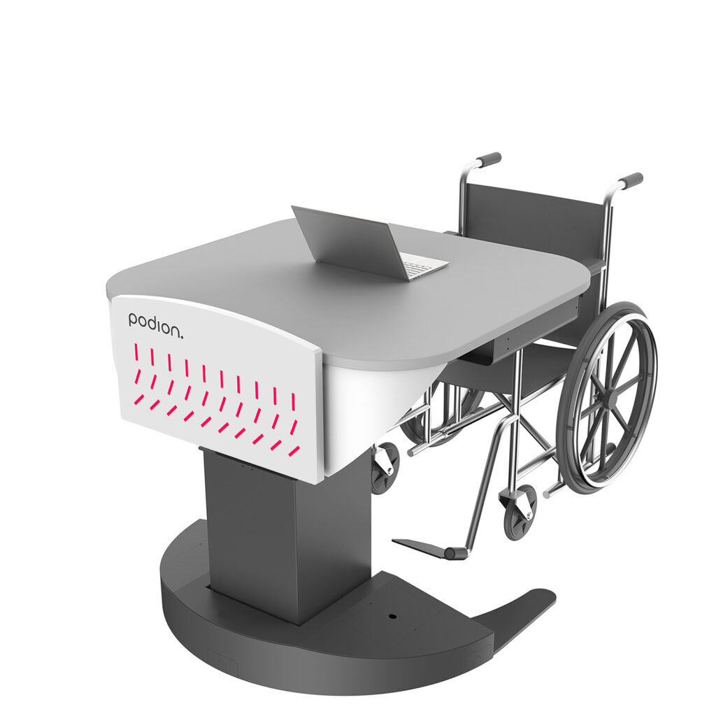A speaker's podium with adjustable height and a large desktop surface. On the front face of the podium is the word "podion." A wheelchair is drawn up under the podium, and a laptop sits on top.