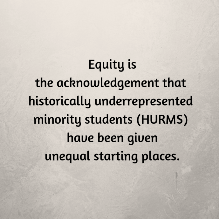 quote: "equity is the acknowledgement that historically underrepresented minority students (HURMS) have been given unequal starting places."