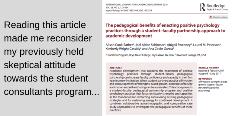 "Reading this article made me reconsider my previously held skeptical attitude towards the student consultants program..."