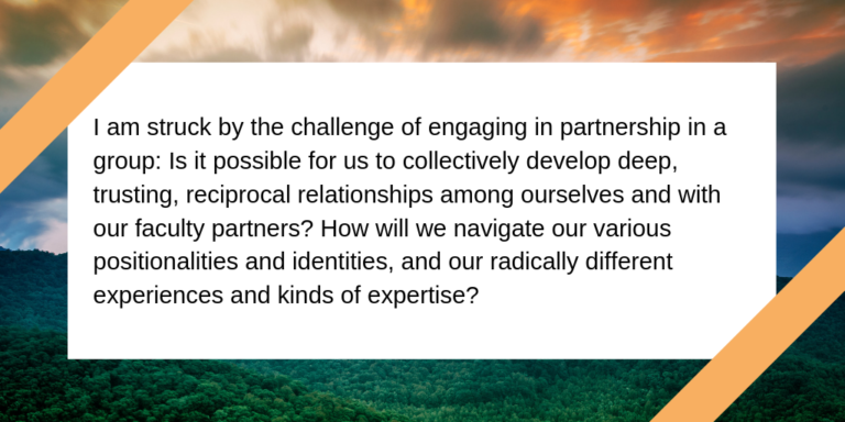 I am struck by the challenge of engaging in partnership in such a group: is it possible for us to collectively develop deep, trusting, reciprocal relationships among ourselves and with our faculty partners? How will we navigate our various positionalities and identities, and our radically different experiences and kinds of expertise?