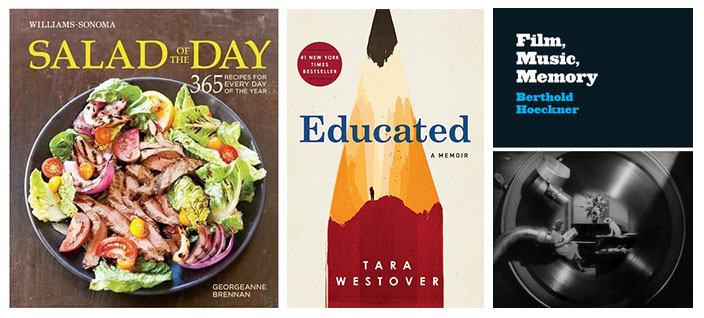 Three book covers: a cookbook, memoir, and scholarly book
