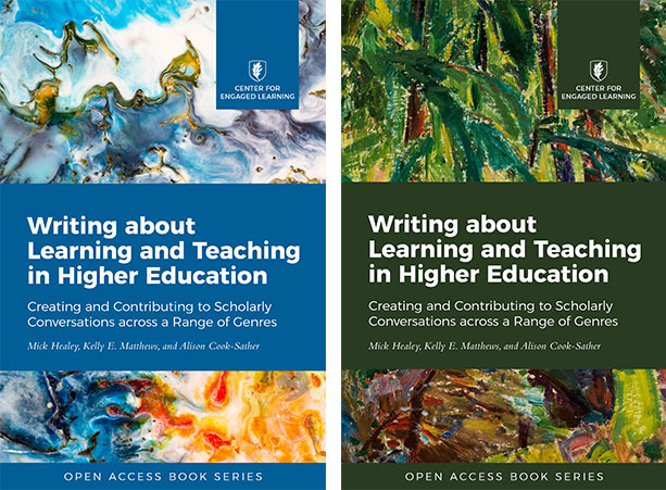Two new book cover designs for Writing about Learning and Teaching, with bright and colorful artwork