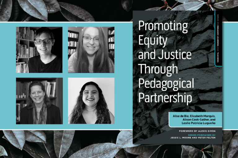 Book cover of Promoting Equity and Justice through Pedagogical Partnerships, with small photos of each of the 4 authors