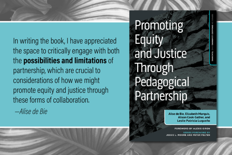 Promoting Equity and Justice book cover, with quote from de Bie: "In writing the book, I have appreciated the space to critically engaged with both the possibilities and limitations of partnership, which are crucial to considerations of how we might promote equity and justice through these forms of collaboration."