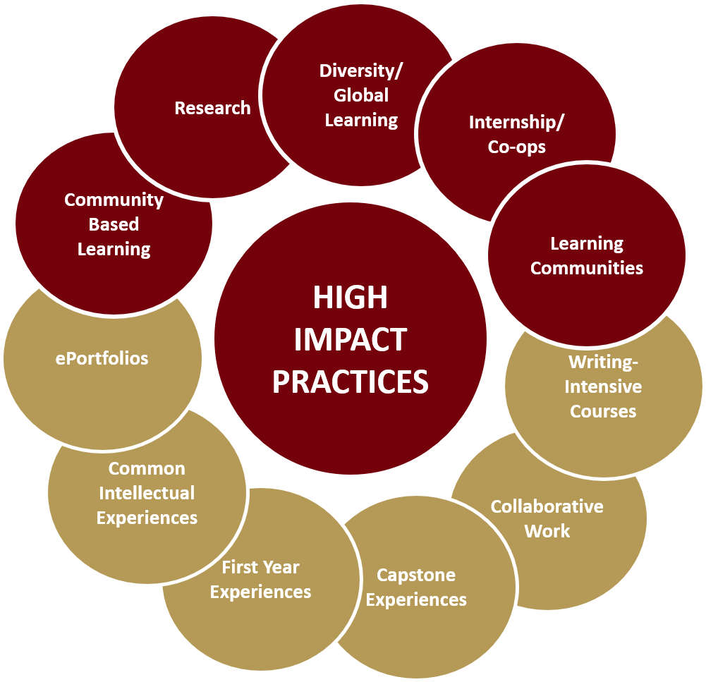 Diagram showing the 11 high impact practices: Community-based learning; Research; Diversity/Global learning; Internship/co-ops; Learning communities; Writing-intensive courses; Collaborative work; Capstone experiences; First-year experiences; Common intellectual experiences; ePortfolios
