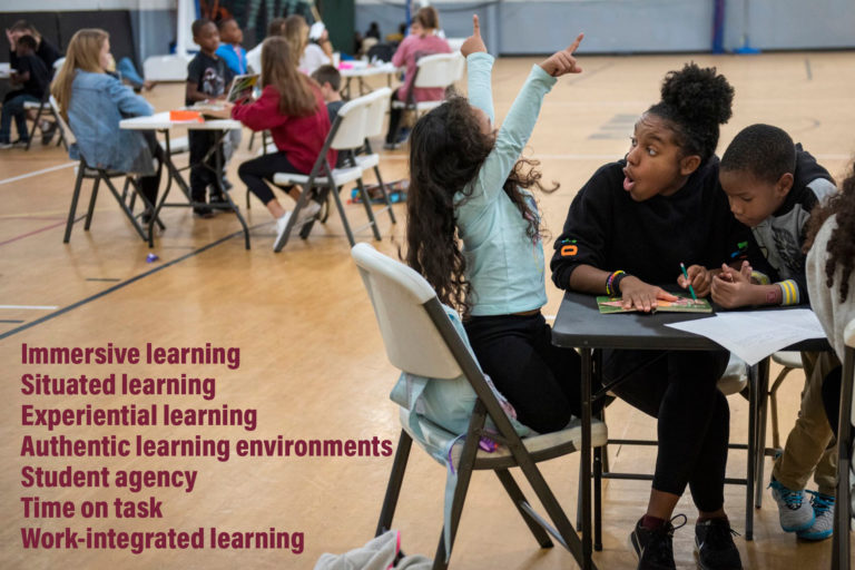 Elon student working with elementary school children. Words overlaid on photo are: "Immersive learning, situated learning, experiential learning, authentic learning environments, student agency, time on task, work-integrated learning"