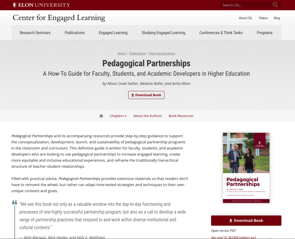 Screenshot of the book website of Pedagogical Partnerships