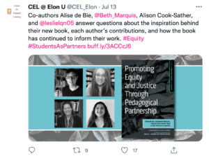 Screenshot of a Tweet from CEL, which promotes a blog post written by the authors of Promoting Equity and Justice through Pedagogical Partnership