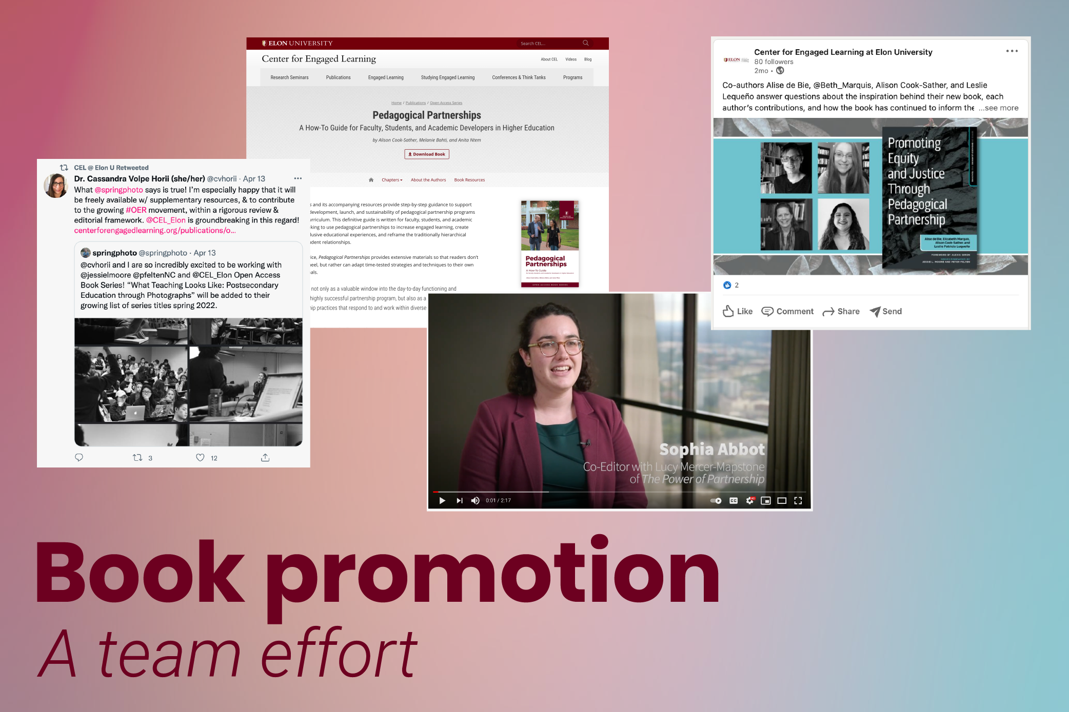 "Book promotion -- a team effort", with screenshots of various promotion materials like book website, social media posts, and book trailers
