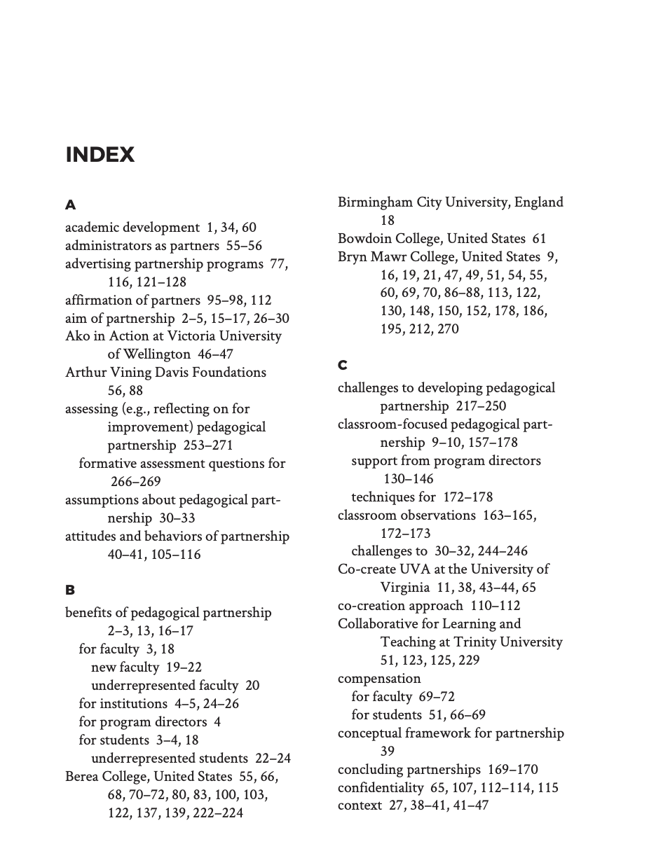 An example of an Index (letters A-C) for Pedagogical Partnership