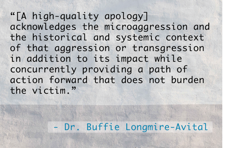 A quote by Dr. Longmire-Avital discussing how to construct an equitable apology.