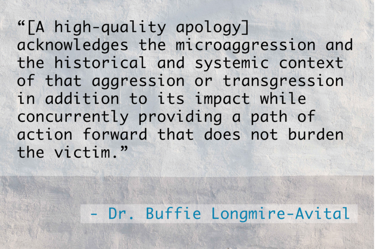 A quote by Dr. Longmire-Avital discussing how to construct an equitable apology.