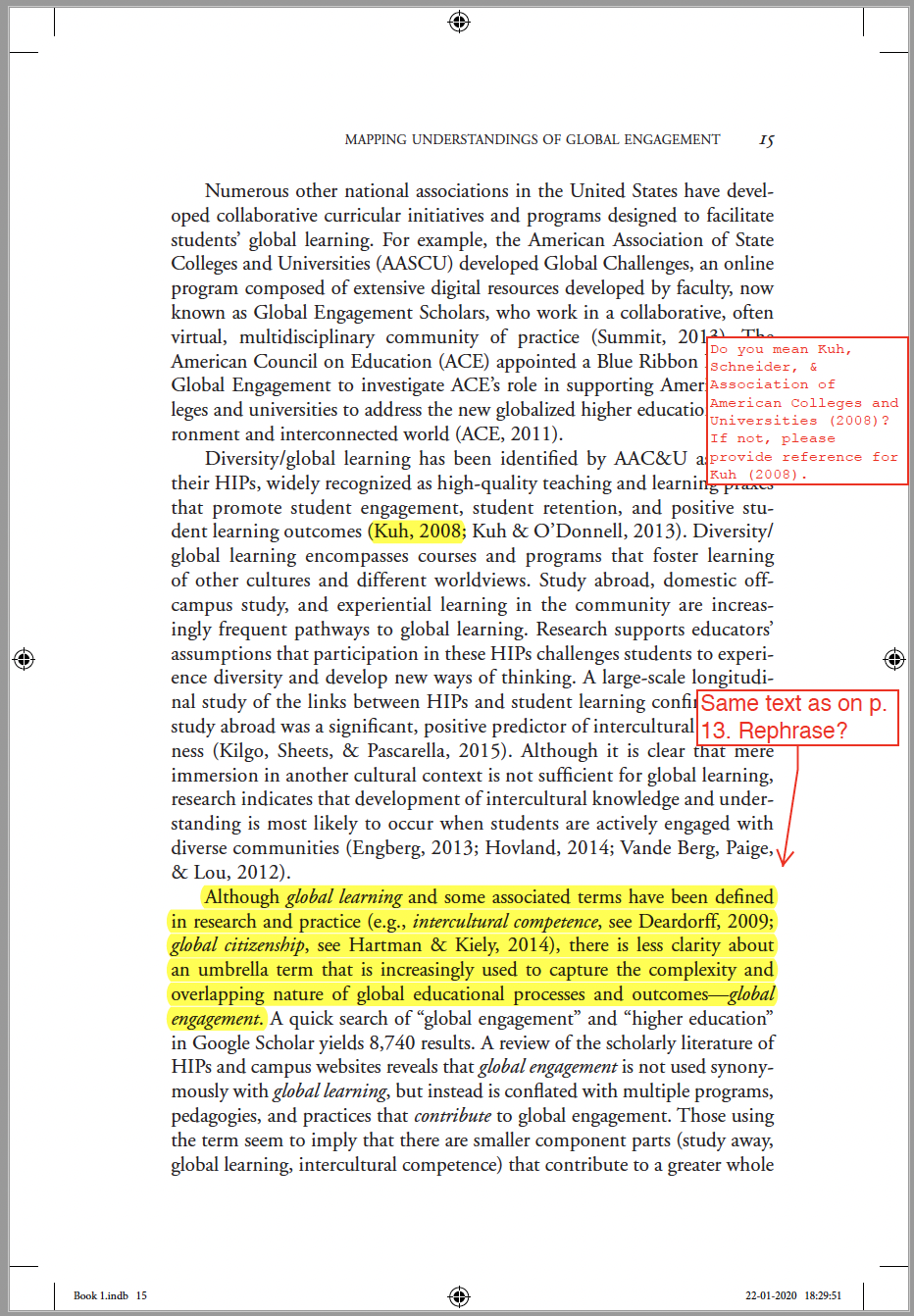 Page proofs of Page 15 of "Mind the Gap" that show queries as PDF comments and highlighting