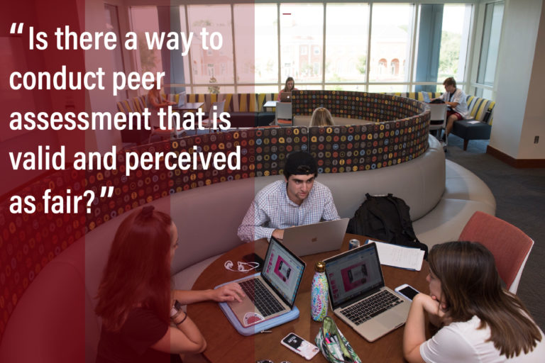 A group of three students sit around a table, working on laptops. A quote is overlaid: "Is there a way to conduct peer assessment that is valid and perceived as fair?"