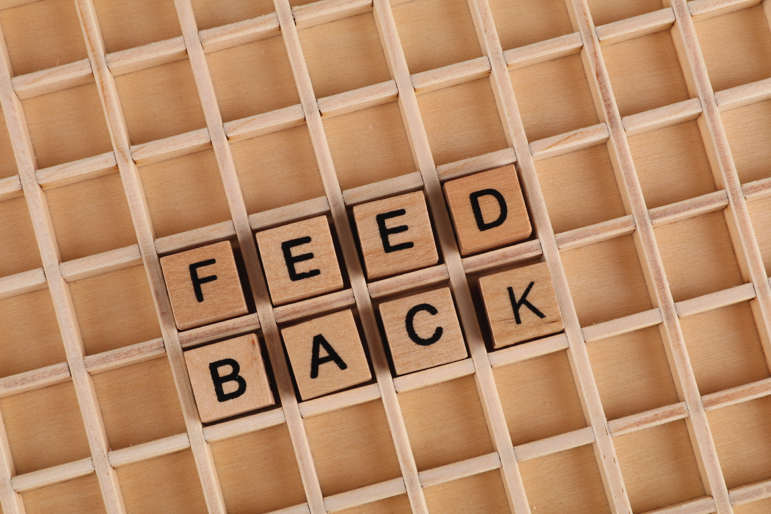 A wooden grid with wooden tiles spelling out "Feedback"