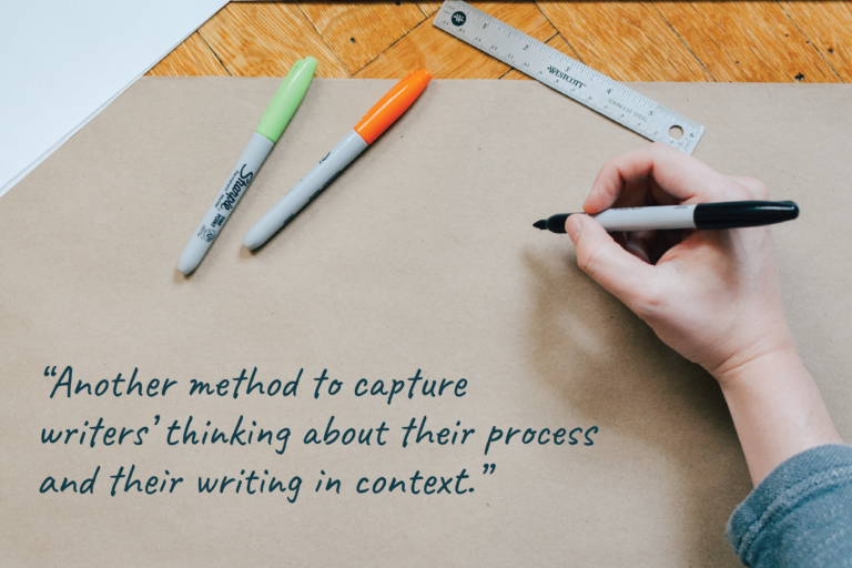 A hand holding a black Sharpie rests on tan paper. "Another method to capture writers' thinking about their process and their writing in context."