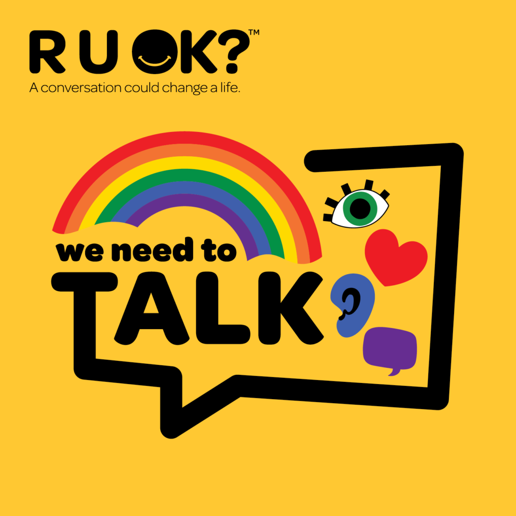 A yellow box that says "we need to talk" with a rainbow, eye, heart, ear, and conversation box in the image. In the upper left corner it says: R U OK? A conversation could change a life