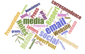 A word cloud with the following words largest: email, social media, notes, memo, reports, website, PowerPoint, Presentation, correspondence, summaries, press, newsletters, blog, letters, grants