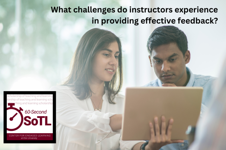 A man and a woman look at a tablet that the woman holds. She points to something on the screen. An overlay reads, "What challenges do instructors experience in providing effective feedback?"