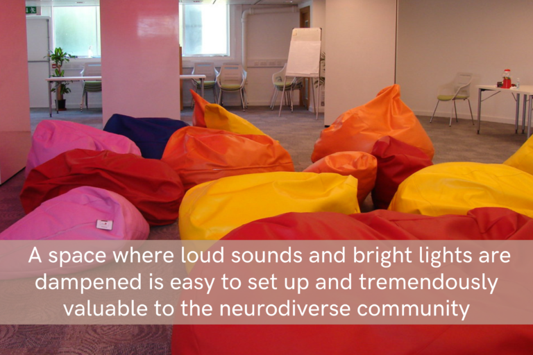A photo of a room full of bright orange and yellow bean bag chairs, with desks and windows in the background. Text reads "A space where loud sounds and bright lights are dampened is easy to set up and tremendously valuable to the neurodiverse community."