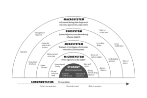 A diagram consisting of overlapping concentric half-circles. At the center is the Student (identity and experiences), then Microsystem (the direct experience of the student), then Mesosystem (a network of overlapping relationships: interactions of microsystems), then Exosystem (systems/infrastructures that indirectly influence students), and in the outer ring Macrosystem (culture and ideology that shape social structures, opportunities, and expectations). At the bottom of the diagram an arrow points to the right, labeled Chronosystem (the role of time).