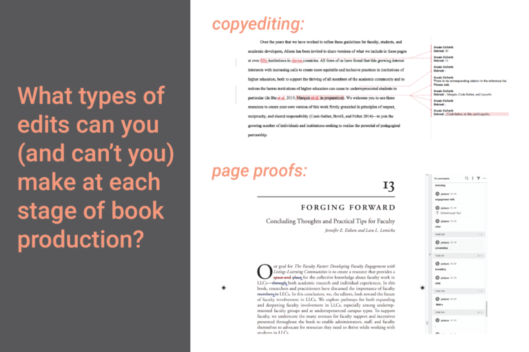 "What types of edits can you (and can't you) make at each stage of book production?" On the right, there are two screenshots: on top is a Word document showing edits made with Track Changes (copyediting) and below is a PDF of a book page in Adobe Acrobat with edits and comments showing (page proofs).