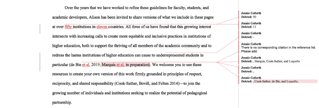 A screenshot shows a paragraph of text in a Microsoft Word document. Several corrections have been made with Track Changes, and notes along the margin show each edit. There is one comment that says "There is no corresponding citation in the reference list. Please add."