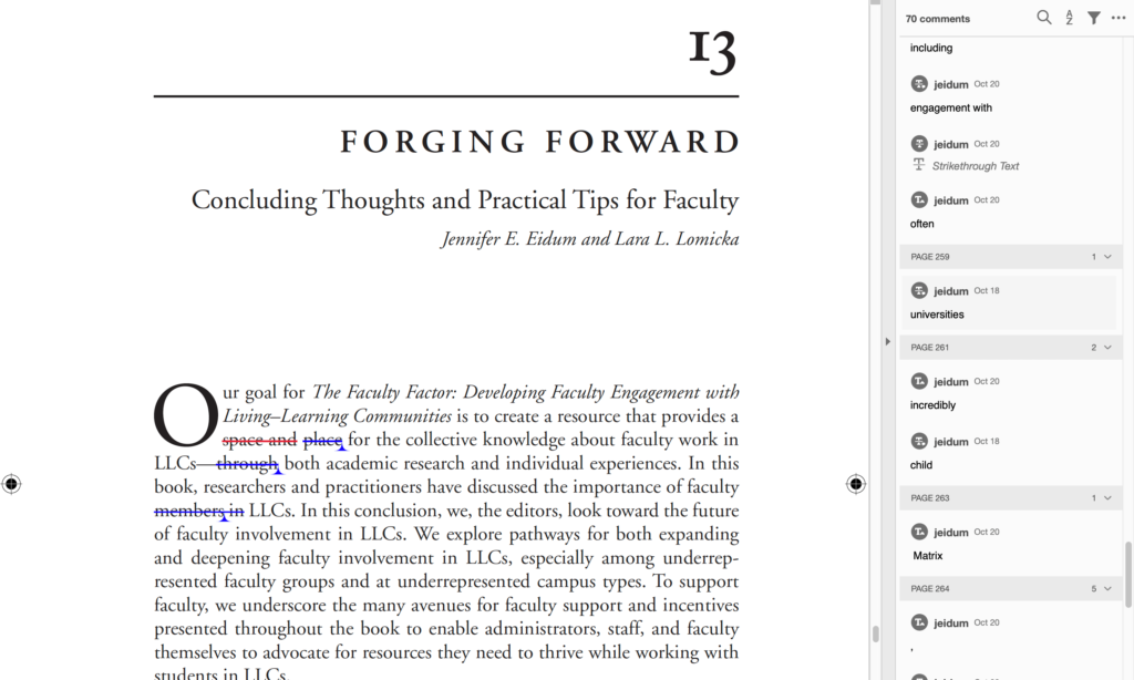A screenshot shows the first page of chapter 13 of a book displayed in Adobe Acrobat. The text at the top says "13, Forging Forward: Concluding Thoughts and Practical Tips for Faculty. Jennifer E. Eidum and Lara L. Lomicka". A paragraph follows. Several edits are visible through striked out text. Comments are visible in the right margin.