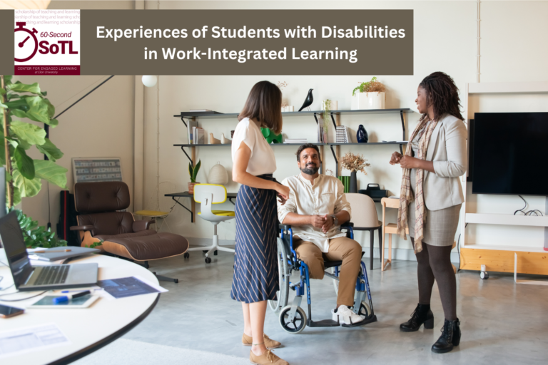 Three people are gathered in a workplace setting. Two are standing and one sits in a wheelchair. In the perimeter of the photo are variable height desks and tables. An overlay reads, "60-Second SoTL: Experiences of Students with Disabilities in Work-Integrated Learning."