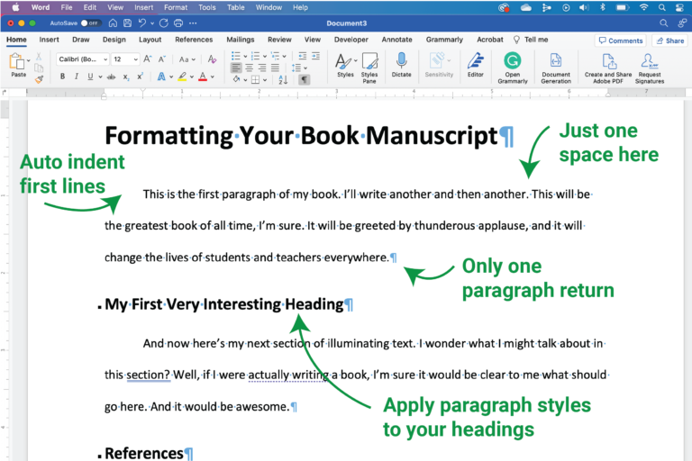 A screenshot of a document in Microsoft Word. Call-outs in green point out to auto indent first lines; place one space after periods; use one paragraph return between paragraphs; and apply paragraph styles to headings.