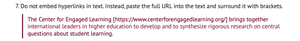 A screenshot from the author guide that reads: "Do not embed hyperlinks in text. Instead, paste the full URL into the text and surround it with brackets."