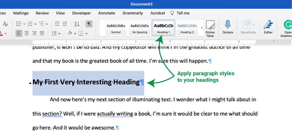 Screenshot of a document in Microsoft Word. A call out reads "Apply paragraph styles to your headings" with arrows pointing to a heading, as well as the Heading 1 paragraph style tool in the ribbon.