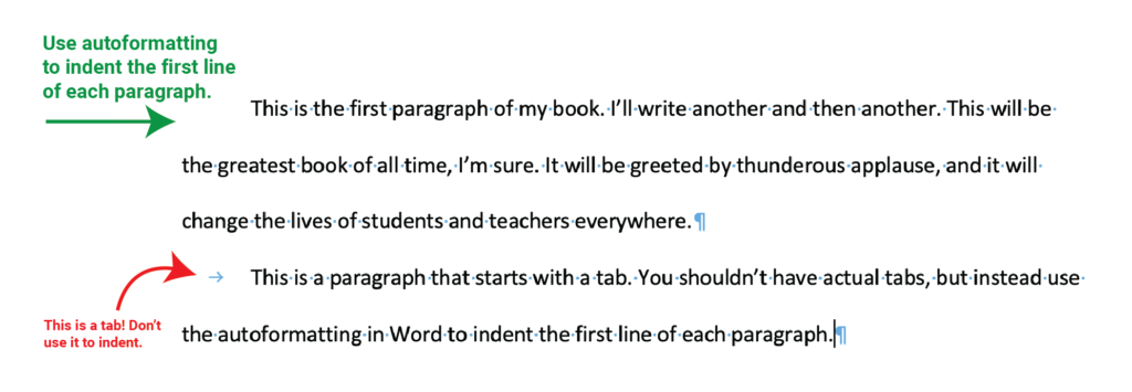 A screenshot of a document open in Microsoft Word. A call-out says "Use autoformatting to indent the first line of each paragraph" with an arrow pointing to the correctly formatted first line of a paragraph. The next paragraph starts with a tab character, with the call-out "This is a tab! Don't use it to indent."