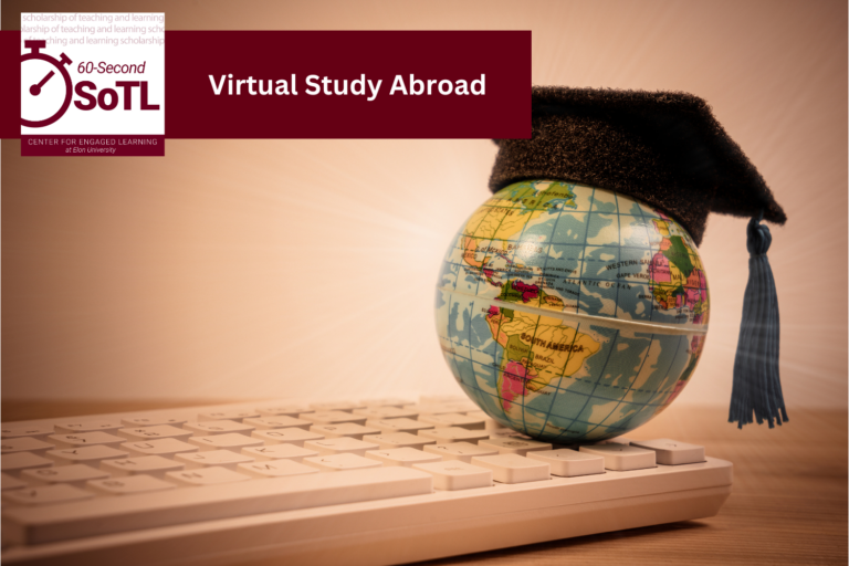 A small globe with a graduation cap on it sits on top of a keyboard. An overlay reads, "60-Second SoTL: Virtual Study Abroad."