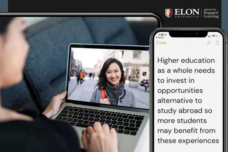 A girl looking at a computer with a woman in a city. A Phone open to the notes app reads "higher education as a whole needs to invest in opportunities alternative to study abroad so more students may benefit from these experiences"