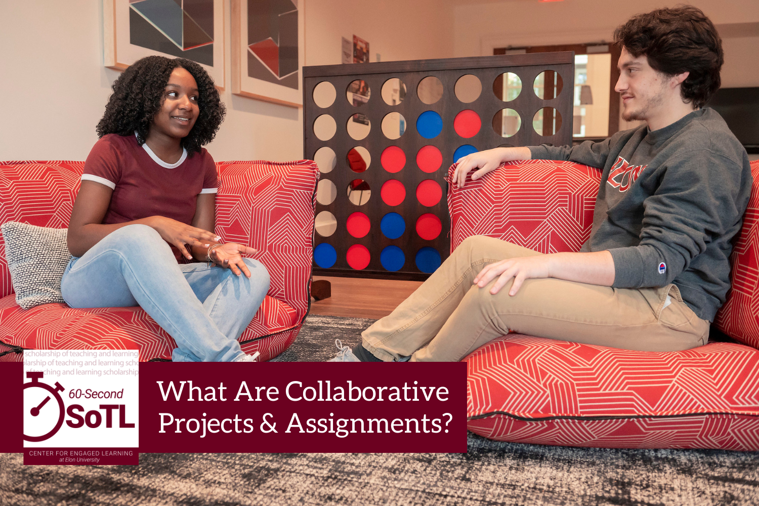 Two people sit facing each other on two low, cushioned chairs in a lounge area of a university residence hall. An overlay reads, "60-Second SoTL: What Are Collaborative Projects & Assignments?"