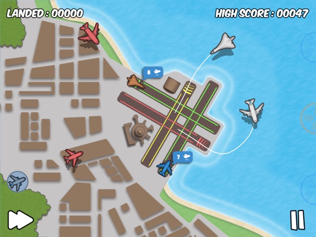 Screenshot of the game "Flight Control" shows an illustration of an airport with four runways near water. Six airplanes in different colors fly around the airport, are coming in for landing, or are on the runway about to take off. Text in top right corner says "High score: 00047"
