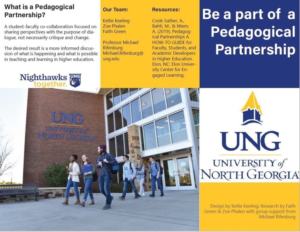 Graphic with six boxes containing University of North Georgia's logo, advertising to be a part of a pedagogical partnership. Graphic also includes a photo of six students walking away from a college building talking amongst themselves.