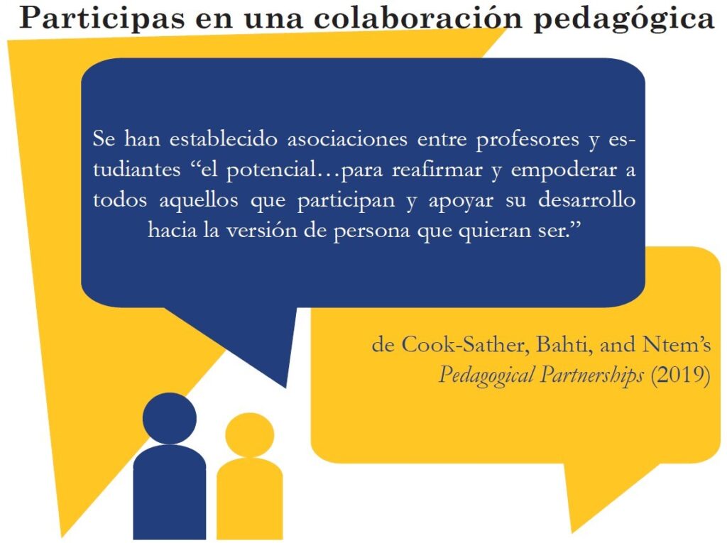 Graphic with a headline of people participating in a pedagogical collaboration. Two blue and yellow message bubbles coming from two caricatures at the bottom left of the graphic. 