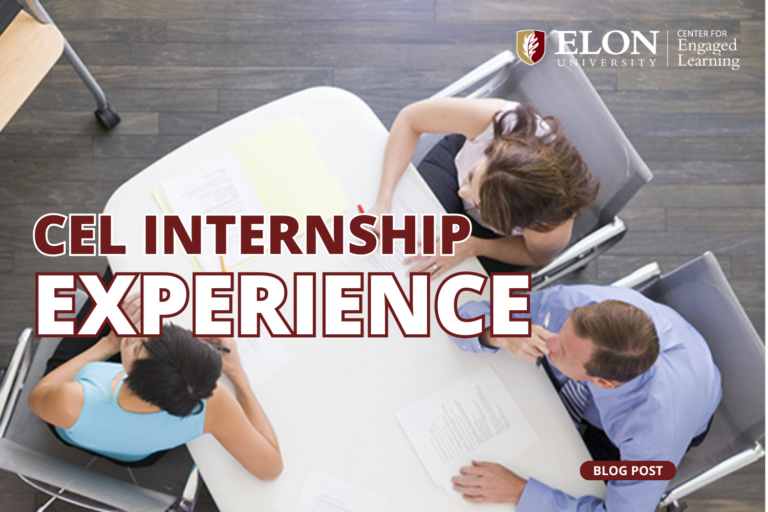 Three people sitting at a table together in office chairs while another person stands next to a whiteboard "CEL Internship Experience"
