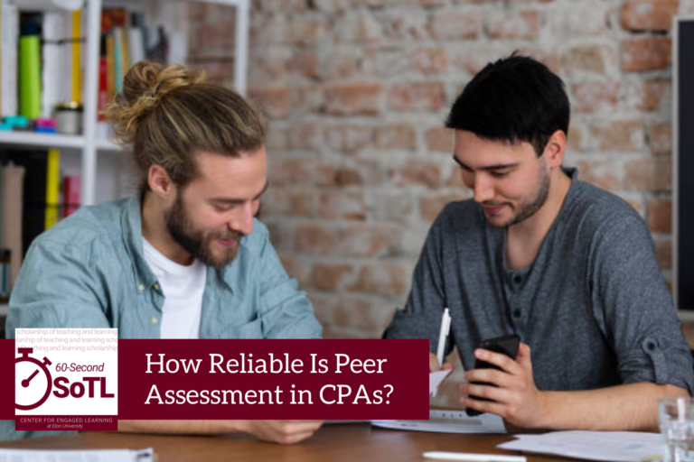 Two people sit at a table looking at a piece of paper. One is holding a cell phone and a pen. An overlay reads, "60-Second SoTL: How Reliable is Peer Assessment in CPAs?"