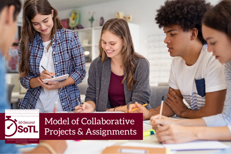 Five students are gathered around a table. Books cover the table, and each student holds a pencil. Some are writing on notepads. An overlay reads, "60-Second SoTL: Model of Collaborative Projects & Assignments."