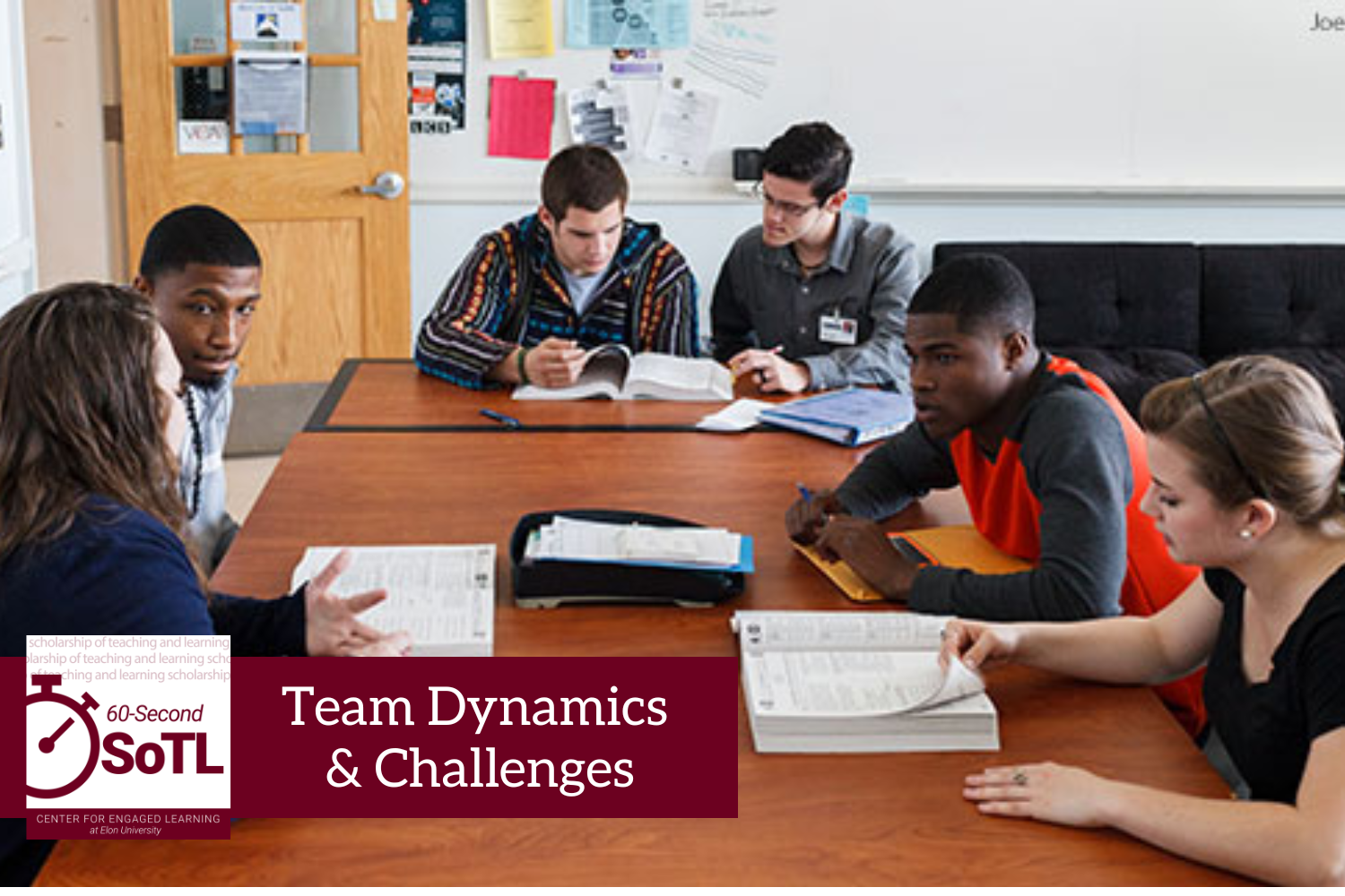 Six people sit around a table, grouped in three pairs. Each pair is looking at a thick book. An overlay reads, "60-Second SoTL. Team dynamics and challenges."