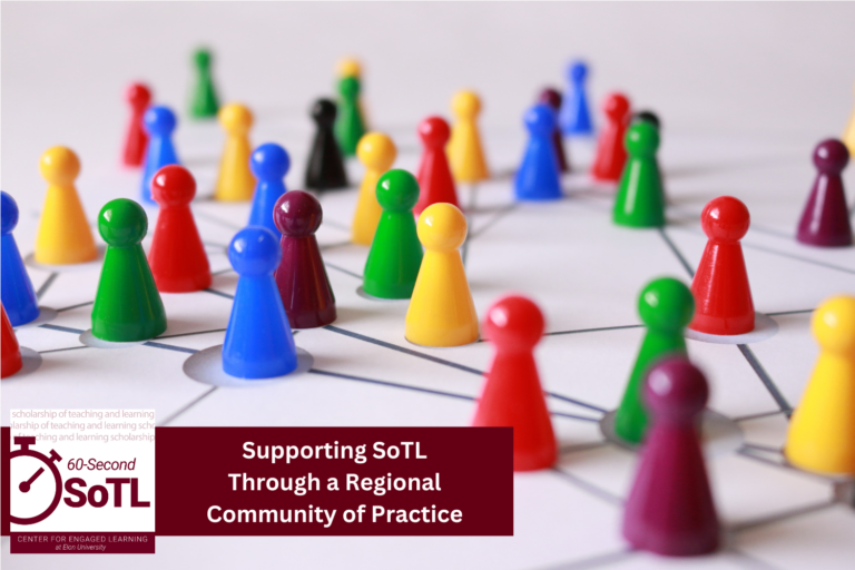 Game tokens in different colors are placed on a series of lines and circles, representing a network. An overlay reads, "60-Second SoTL. Supporting SoTL through a regional community of practice."