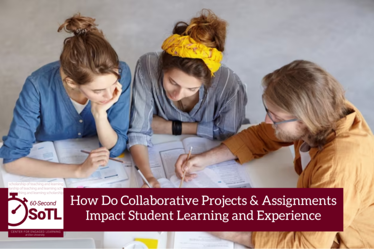 Three people sit at a table with multiple books open in front of them. Two of the people are using pencils to point to different passages in the same book. An overlay reads, "60-Second SoTL: How do collaborative projects & assignments impact student learning and experience?"