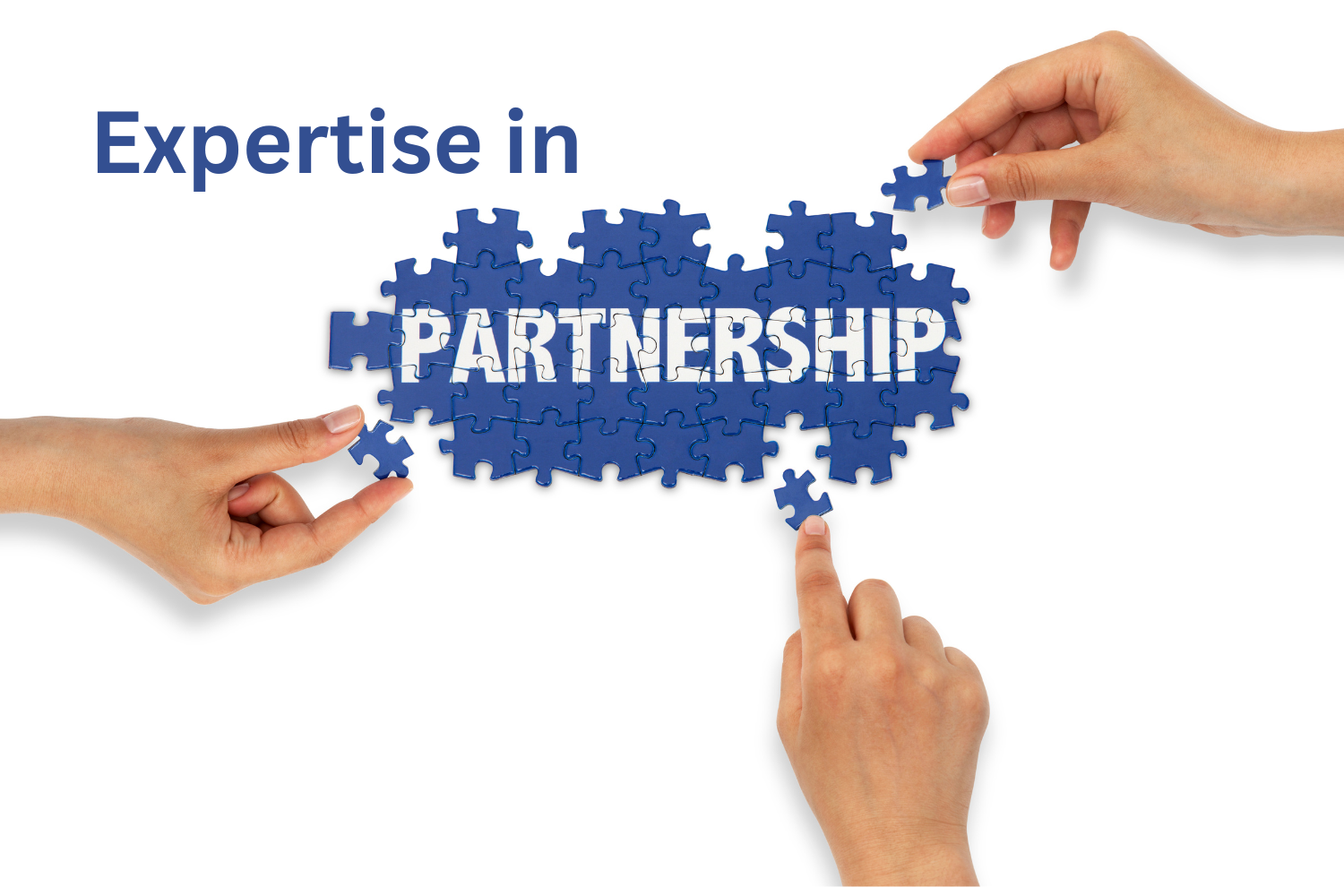 Three hands reach in from different directions to add pieces to a puzzle. An overlay reads "Expertise in," and the puzzle features the word "partnership."