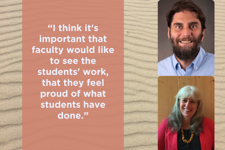 Headshots of Aaron Trocki and Rachel Forsyth. "I think it's important that faculty would like to see the students' work, that they feel proud of what students have done."