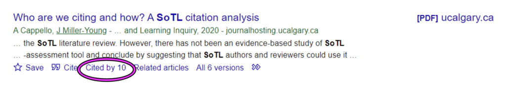 A screen shot of a Google Scholar entry for a journal article. "Cited by 10" is circled.