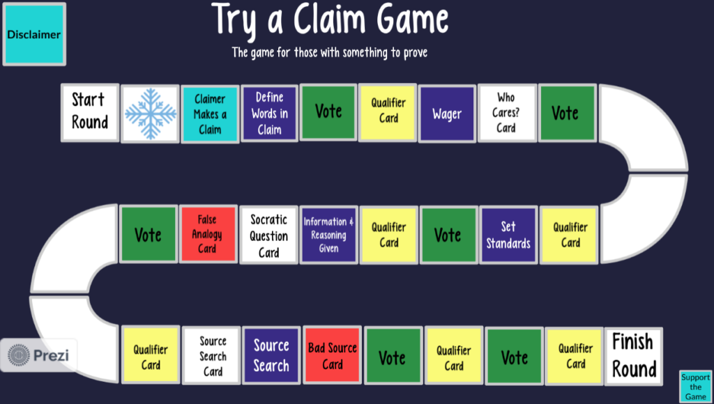 Screenshot of Try a Claim Game board. Game squares form a backwards "S" shape, with the starting square at the top left and the finish square at the bottom right.
