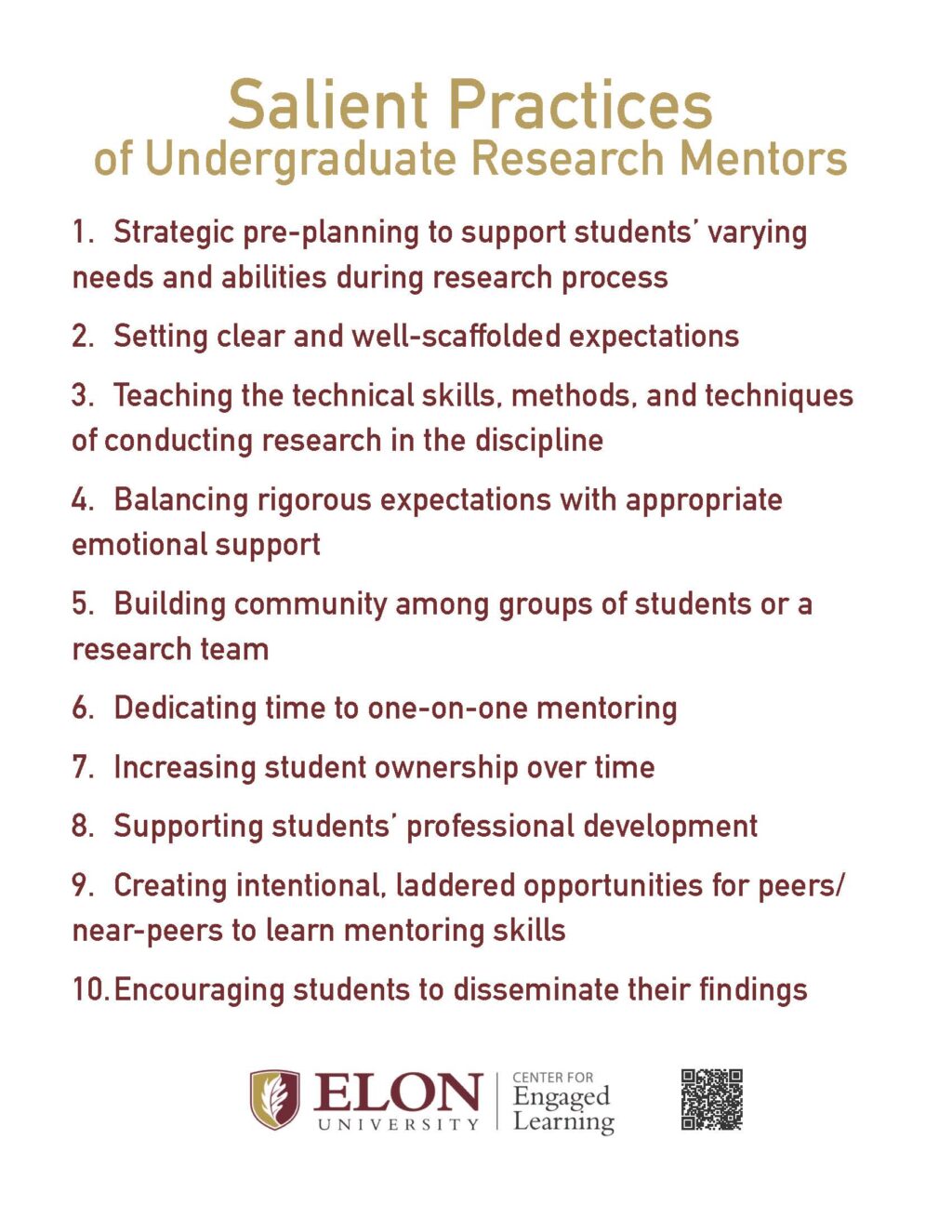 Image version of a printable list of the ten salient practices of undergraduate research mentors.